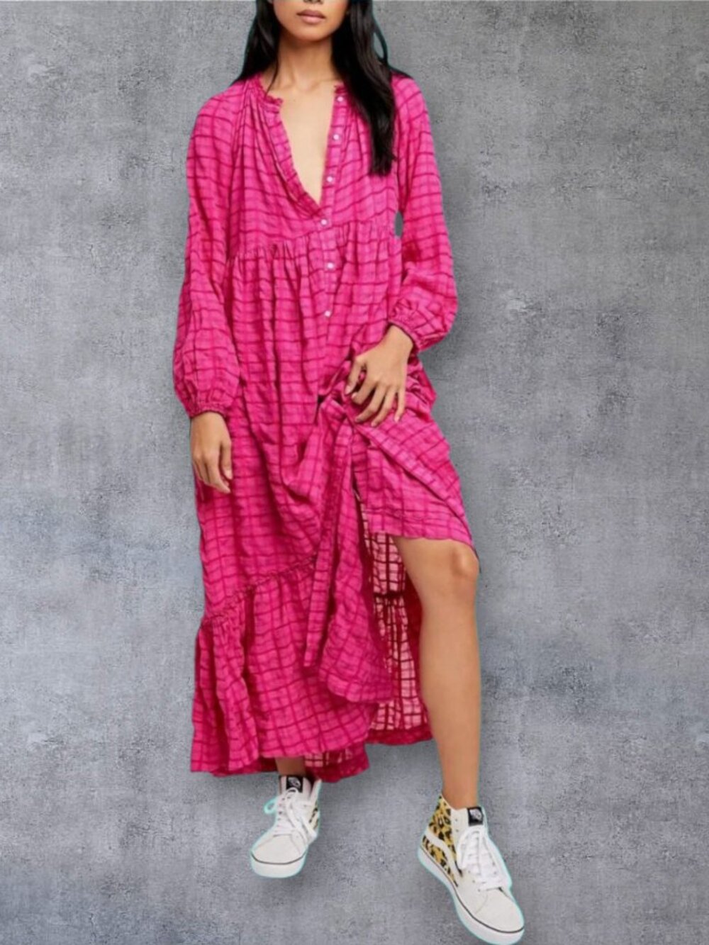 Free People Edie Hot Pink Plaid Button Up Boho Maxi Dress XS